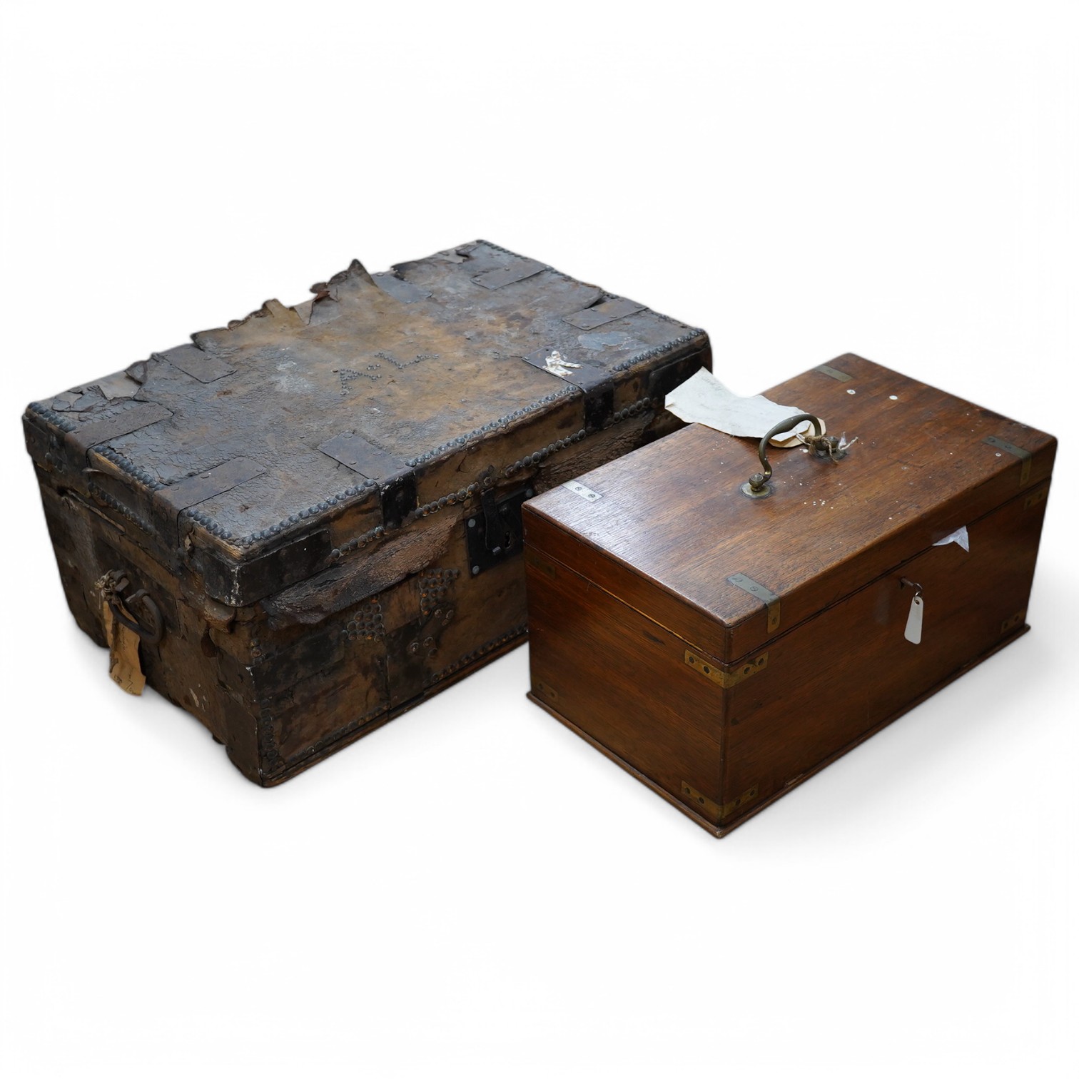 A Studded trunk and a brass bound box. Condition - poor